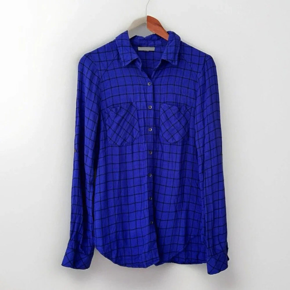 Skies Are Blue Tops - Skies Are Blue Flannel Long Sleeve Button Up Shirt Blue Black Plaid Boho Medium